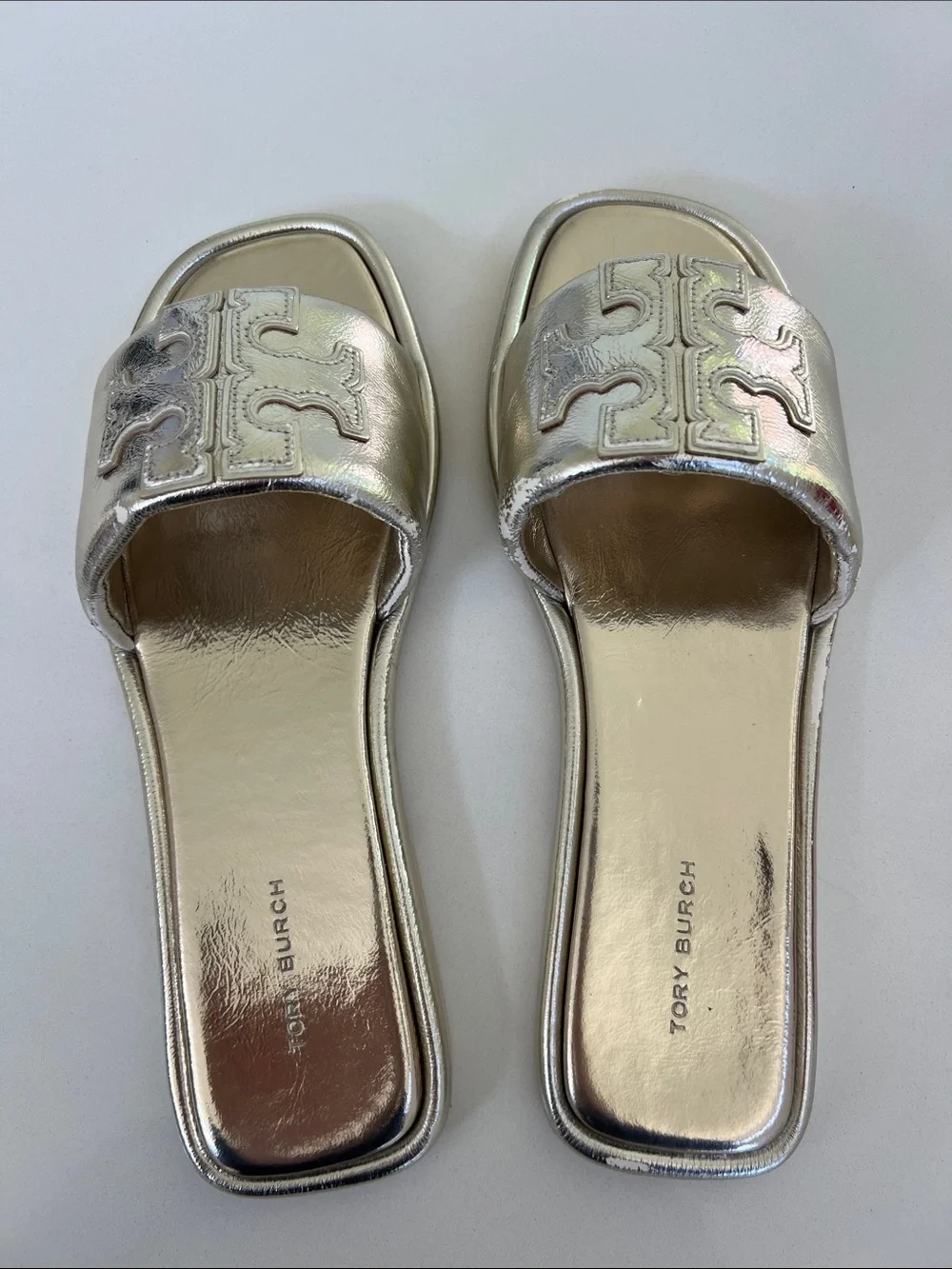 Tory Burch spark gold metallic open toe double T sport slide leather sandals 8